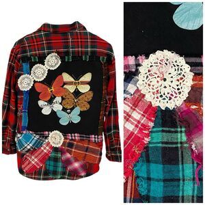Upcycled Flannel Shirt Womens Medium Shacket Red Grunge Butterfly Rock Country